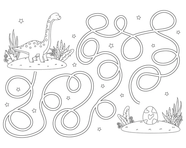 stock vector Maze game for preschool children. Puzzle with tangled road. Outline coloring page for kids book. Cute dino with dino egg. Vector illustration.