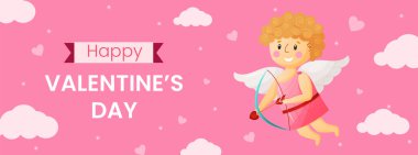 Sevgililer günü için vektör yatay şablon tebrik kartı. Pembe arka plan çiziminde mutlu bir aşk tanrısı. Kutlama olayı ve sosyal medya broşürü.