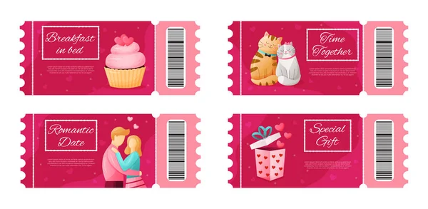 Sevgililer Günü için Vector kuponu. Valentin bilet şablonu. Yatakta kahvaltı, romantik randevu, özel hediye, pembe arka planda birlikte zaman geçirmek.