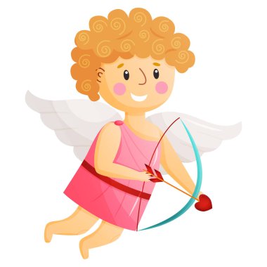 Amur 'un bebeği. Komik aşk tanrısı, kanatları ve yayları olan küçük melek, kalp avcıları beyaz arka planda izole edilmiş romantik vektör karakteri..