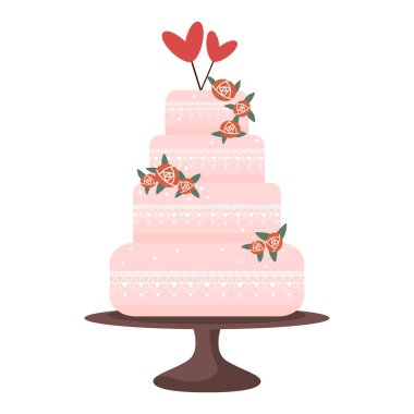 Kalpli ve çiçekli vektör pembe düğün pastası simgesi beyaz arkaplanda izole edilmiş düz stil