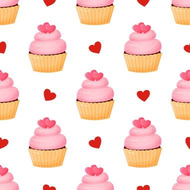 Vector Valentines day seamless pattern. Illustration cupcake on white background. Romantic backdrop for wallpaper, print, textile, fabric, wrapping