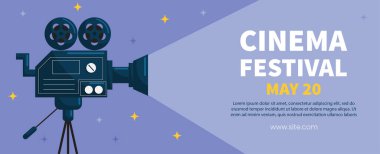 Vector horizontal template cinema movie festival poster card. Retro video camera on violet background. Flyer or brochure for event.