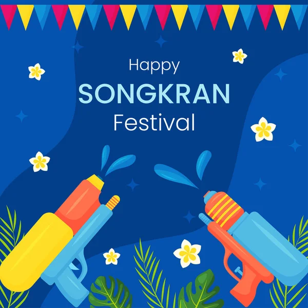 Stock vector Vector Songkran water festival of Thailand greeting card banner. Tropical flowers, leaves, water guns on blue background. Square invitation, flyer, brochure, poster for event.