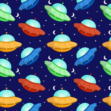 Mavi zemin üzerinde yıldızlar ve ay olan UFO uçan uzay gemilerinin kusursuz desenleri. Çocuklar duvar kâğıdı, baskı, tekstil, kumaş, ambalaj için sevimli arkaplan