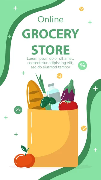 Vektör çevrimiçi market afişi şablonu. Yeşil arka planda yeni ürünler var. Dikey zemin, broşür, satış broşürü, indirim, teklifler.