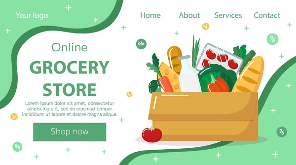 Vektör çevrimiçi market iniş sayfası şablonu. Yeşil arka planda, alışveriş kutusunda yeni ürünler. Yatay fon, broşür, satış broşürü, indirim, teklifler.