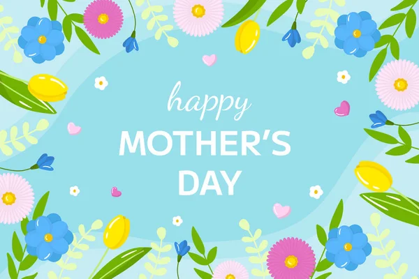 Mutlu anneler günü tebrik kartı şablonu. Mavi arka planda laleleri ve çiçekleri olan bahar tatili posteri. Yatay arkaplan daveti, el ilanı, etkinlik broşürü