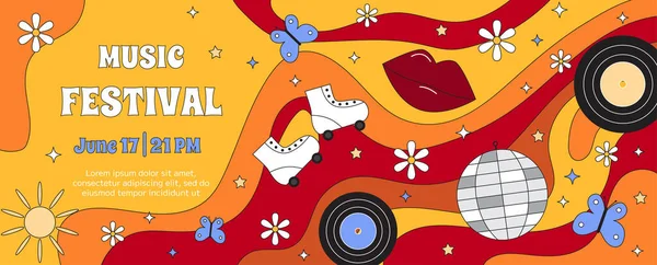 Шаблон Приглашения Векторного Крутого Ретро Музыкального Фестиваля Диско Мяч Роллы — стоковый вектор