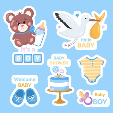 Doğum günü ya da doğum günü partisi için bebek partisi etiketleri. Çizgi filmlerdeki çocuksu oyuncak ayı, çocuk paçası, emzik, mavi arka planda şişe etiketleri. Etkinlik için rozetler.