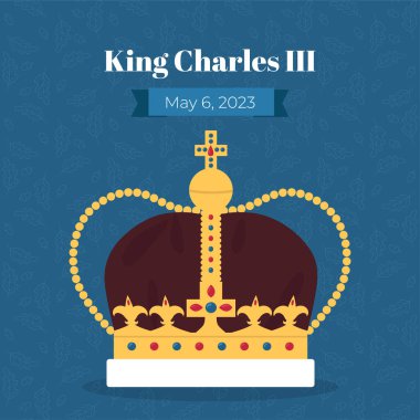 Londra, İngiltere, 6 Mayıs. 2023: Kral III. Charles taç giyme töreni. Mavi arka planda kraliyet taç silueti