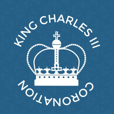 Londra, İngiltere, 6 Mayıs. 2023: Kral III. Charles taç giyme töreni. Mavi arka planda kraliyet taç silueti