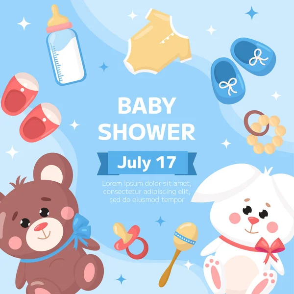 Vektör bebek partisi davetiye şablonu posteri. Çizgi filmlerdeki çocuksu oyuncak ayı, tavşan, çocuk paçası, emzik, mavi arka planda şişe. Kare arkaplan, broşür, etkinlik broşürü.