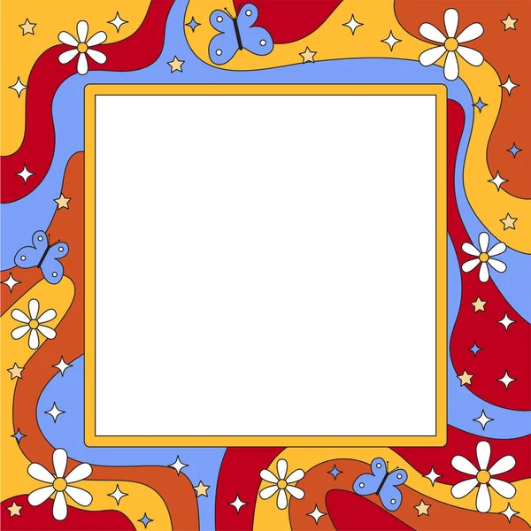 Vector Retro Groovy Psychedelic Square Frame Template Trendy 70S Surreal — Stock Vector