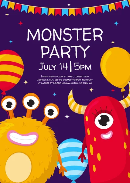 Vektör canavarlar parti afiş şablonu. Süsleme hediyesi olan komik uzaylı canavarlar, menekşe arkaplanda balonlar. Etkinlik için A4 broşür, broşür, kartpostal