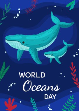 Dünya Okyanusu Günü poster şablonu. Aile balinaları mavi arka planda suyun altında yüzüyorlar. Küresel okyanusları, ekosistemi, ekolojiyi, su plastik kirliliğini kurtarma kavramı.