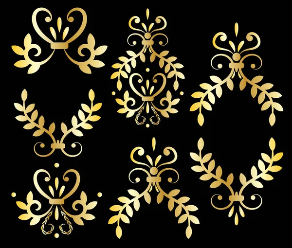 Vector vintage barok damaske altın gradyan element seti. Siyah arkaplanda izole edilmiş retro eğri çiçek dekorasyonu koleksiyonu.
