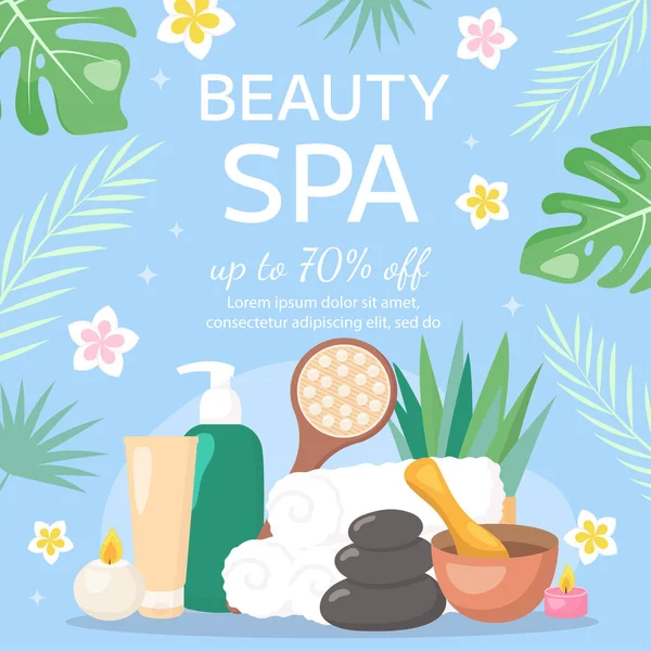 Stock vector Vector beauty spa salon poster template. Towels, cosmetics products, black hot stones, tropical leaves, flowers on blue background. Beauty industry, massage service flyer, brochure, sale coupon.