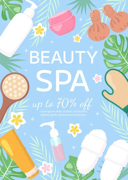 Vektör güzellik merkezi poster şablonu. Bir kavanoz krem, kozmetik ürünleri, tropikal yapraklar, bitki torbası, mavi arka planda çiçekler. Güzellik endüstrisi, masaj servisi ilanı, broşür, indirim kuponu..