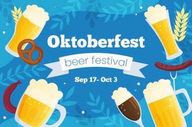 Vector horizontal template banner invitation for Oktoberfest. Autumn beer festival illustration. Beer mugs on blue background with traditional colors flags. Greeting card for social media.