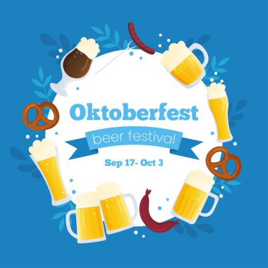 Oktoberfest için vektör çerçeve afiş daveti. Sonbahar bira festivali illüstrasyonu. Geleneksel renkli bayraklı mavi arka planda bira kupası. Sosyal medya için tebrik kartı.