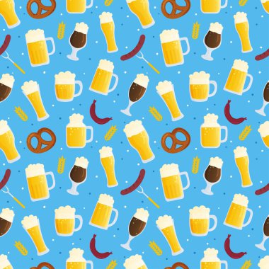 Oktoberfest için kusursuz şablon. Sonbahar bira festivali illüstrasyonu. Geleneksel renkli bayraklı mavi arka planda bira bardakları. Duvar kağıdı, baskı, tekstil, kumaş, ambalaj için arkaplan.
