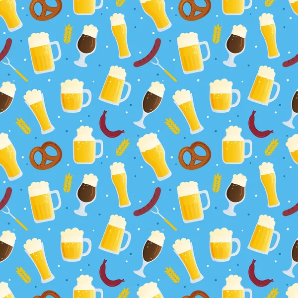 Oktoberfest için kusursuz şablon. Sonbahar bira festivali illüstrasyonu. Geleneksel renkli bayraklı mavi arka planda bira bardakları. Duvar kağıdı, baskı, tekstil, kumaş, ambalaj için arkaplan.