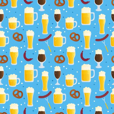 Oktoberfest için kusursuz şablon. Sonbahar bira festivali illüstrasyonu. Geleneksel renkli bayraklı mavi arka planda bira bardakları. Duvar kağıdı, baskı, tekstil, kumaş, ambalaj için arkaplan.