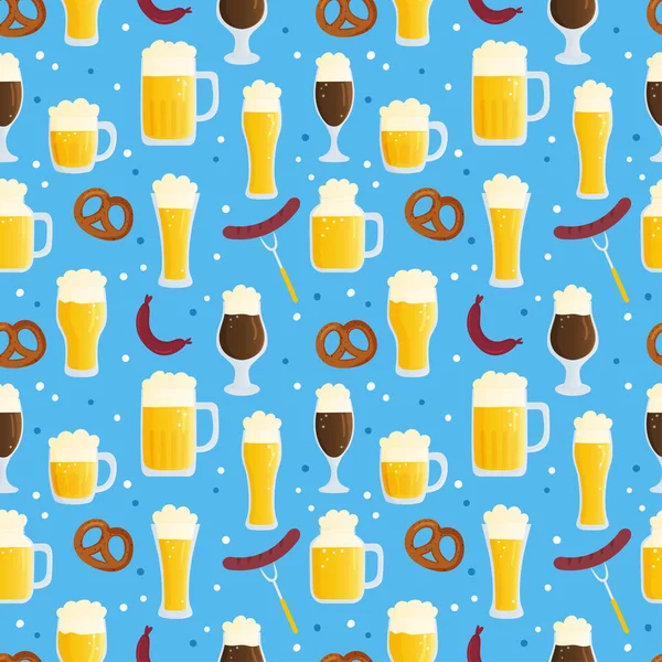 Vektornahtloses Muster Für Das Oktoberfest Herbstbierfest Bierkrüge Auf Blauem Hintergrund — Stockvektor