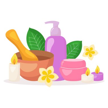 Vektör güzellik salonu kompozisyonu. Kozmetik şişeleri, havlular, sıcak taşlar, beyaz arka planda izole edilmiş mumlar. Cilt güzelliği tasviri.