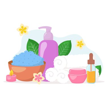 Vektör güzellik salonu kompozisyonu. Kozmetik şişeleri, havlular, çiçekler, beyaz arka planda izole edilmiş mumlar. Cilt güzelliği tasviri