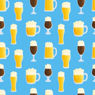 Oktoberfest için kusursuz şablon. Sonbahar bira festivali illüstrasyonu. Geleneksel renkli bayraklı mavi arka planda bira bardakları. Duvar kağıdı, baskı, tekstil, kumaş, ambalaj için arkaplan.