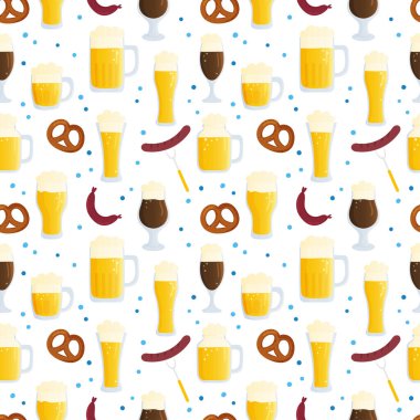 Oktoberfest için kusursuz şablon. Sonbahar bira festivali illüstrasyonu. Geleneksel renkli bayraklı beyaz arka planda bira bardakları. Duvar kağıdı, baskı, tekstil, kumaş, ambalaj için arkaplan