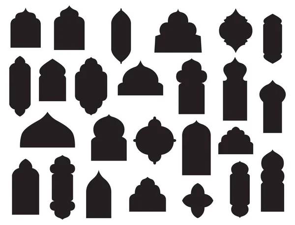 矢量集的伊斯兰形状的传统窗口 收集阿拉伯黑色形状图标孤立在白色上 东方框架 — 图库矢量图片