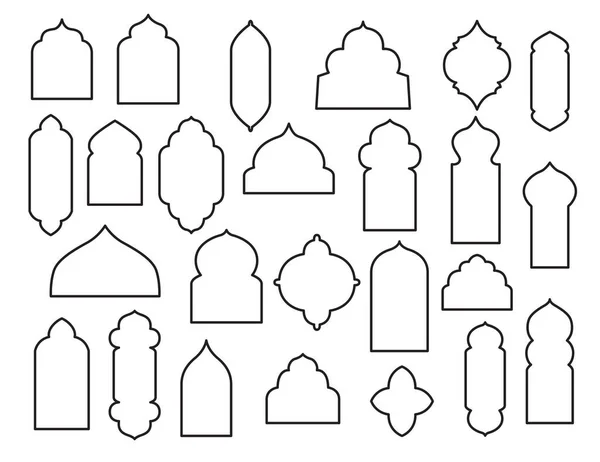 Geleneksel İslami şekil vektör kümesi. Koleksiyon Arap siyah ana hatları beyaz üzerine izole edilmiş ikon şekilleri. Doğulu çerçeveler