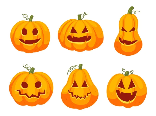 Vector Halloween Calabazas Dibujos Animados Caras Miedo Conjunto Colección Linternas — Vector de stock
