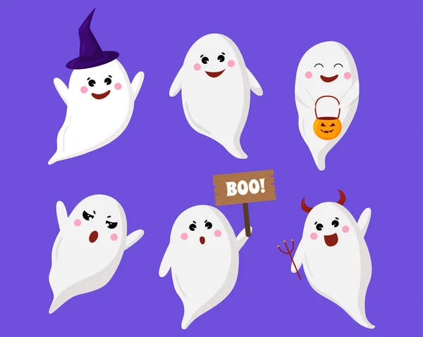 Vector Halloween Fantasmas Dibujos Animados Con Divertido Miedo Emoción Cara — Archivo Imágenes Vectoriales