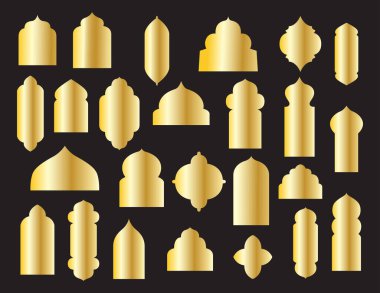 Geleneksel İslami şekil vektör kümesi. Siyah üzerine izole edilmiş Arap altın şekilleri koleksiyonu. Doğulu altın çerçeveler.