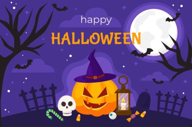 Mutlu Cadılar Bayramı afişi şablonu. Tatil geçmişi. Çizgi film turuncu balkabağı, cadı şapkası, yarasalar, korkunç ağaç, şeker, dolunay. Arkaplan, el ilanı, etkinlik afişi. Metin için yer.