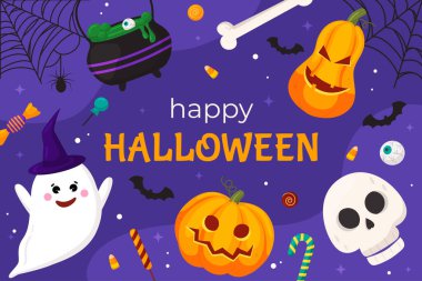 Mutlu Cadılar Bayramı afişi şablonu. Tatil geçmişi. Portakal rengi balkabağı, cadı şapkası, yarasalar, hayaletler, şekerler, menekşe rengi kafatası. Arkaplan, el ilanı, olay afişi