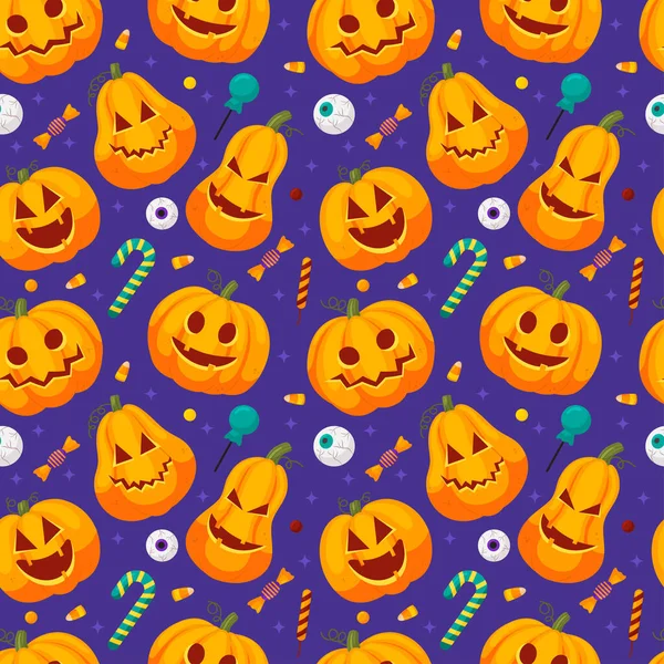 Vector Patrón Sin Costura Halloween Calabazas Caramelos Sobre Fondo Azul — Vector de stock