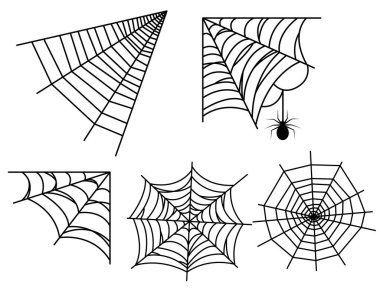 Siyah örümcek ağı silueti beyaz üzerine izole edildi. Cadılar Bayramı dekorasyon ana hatları örümcek ağı koleksiyonu.