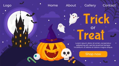 Cadılar Bayramı iniş şablonunuz kutlu olsun. Tatil pankartı arka planı. Çizgi film balkabakları, yarasalar, korkunç, kale, hayalet, gece karanlığında dolunay. Arkaplan, el ilanı, olay afişi.