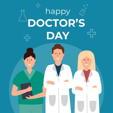 Vektör Mutlu Doktorlar Günü tebrik kartı şablonu. Teşekkürler doktor konsepti çizimi. Mavi arka planda tıbbi personel