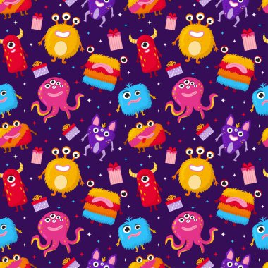 Menekşe arka planında hediye kutuları olan sevimli canavarlar. Duvar kağıdı, baskı, tekstil, kumaş, ambalaj için arkaplan.