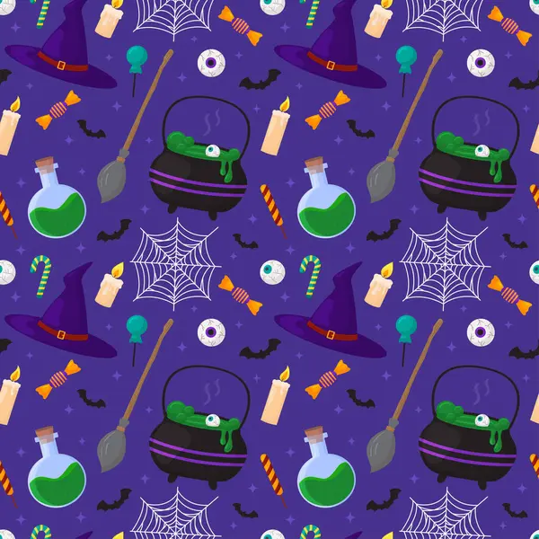 Vector Patrón Sin Costura Halloween Caldero Con Poción Sombrero Bruja — Archivo Imágenes Vectoriales