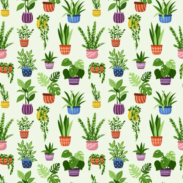 Saksıdaki ev bitkilerinin kusursuz desenleri. El çizimi egzotik ev bitkileri çizimi. Duvar kağıdı, baskı, tekstil, kumaş, ambalaj için arkaplan.