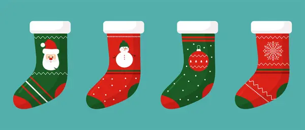 Mavi arka planda izole edilmiş vektör yılbaşı çorapları. Geleneksel kırmızı ve yeşil renkler. Hediye olarak Noel çorapları. Tatil dekorasyonu