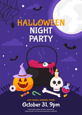 Mutlu Cadılar Bayramı poster şablonu. Tatil partilerinin davetiye geçmişi. Karikatür portakalı kabağı, cadı kazanı, yarasalar, şekerler, dolunay, karanlık bir gecede kafatası. Arkaplan, el ilanı, olay afişi