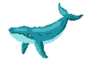 Beyaz arkaplanda vektör pikseli mavi balina simgesi izole edildi. Eski 8 bit oyun biçimi ögesi.